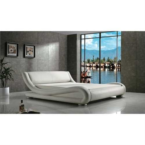 Image of Queen Modern White Upholstered Platform Bed with Curved Sides & Headboard