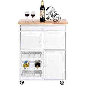 Mobile Kitchen Island Cart Cabinet with Wine Rack in White