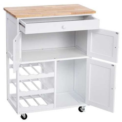 Image of Mobile Kitchen Island Cart Cabinet with Wine Rack in White