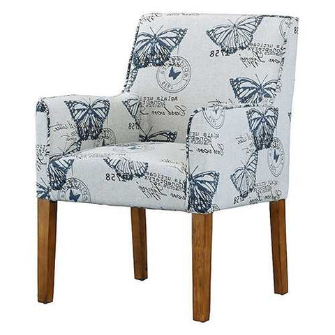 Image of Modern Linen Upholstered Armchair with Blue Butterfly Pattern and Wood Legs