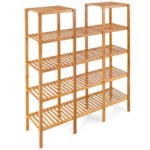 Image of Bamboo Wood 4-Shelf Bookcase Plant Stand Shelving Unit