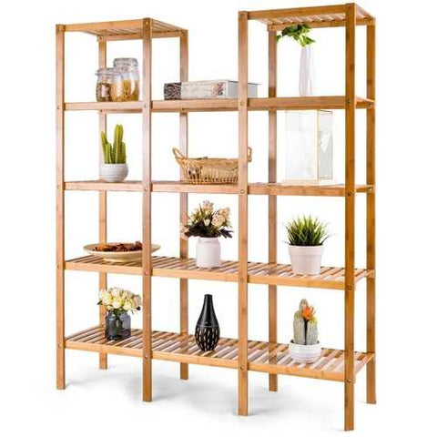 Image of Bamboo Wood 4-Shelf Bookcase Plant Stand Shelving Unit