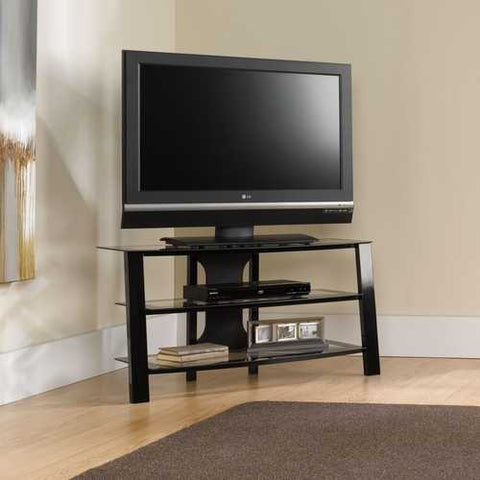 Image of Contemporary 40-inch Black Metal TV Stand with Clear Glass Shelves