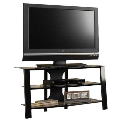 Image of Contemporary 40-inch Black Metal TV Stand with Clear Glass Shelves