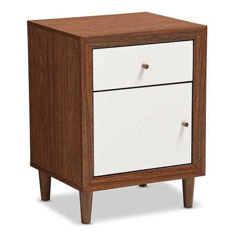 Image of Modern Mid Century Style End Table Nightstand in White and Walnut Finish