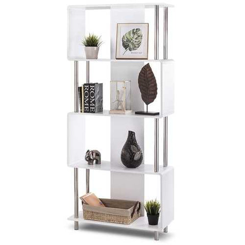 Image of Modern 4-Shelf Metal Frame Bookcase in White Wood Finish