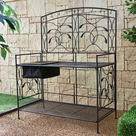 Image of Black Metal Potting Bench with Wrought Iron Vine Details and Fabric Potting Sink