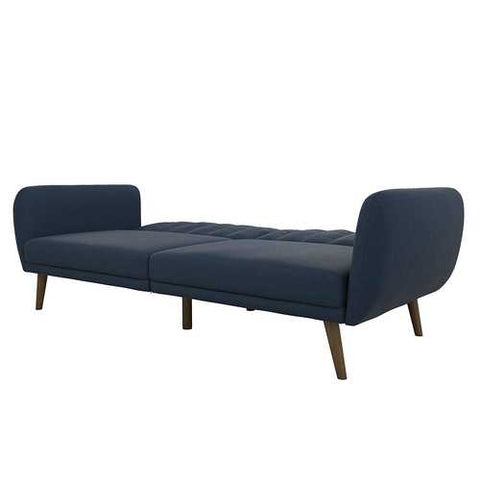 Image of Modern Navy Blue Linen Upholstered Sofa Bed Futon with Mid-Century Style Wood Legs