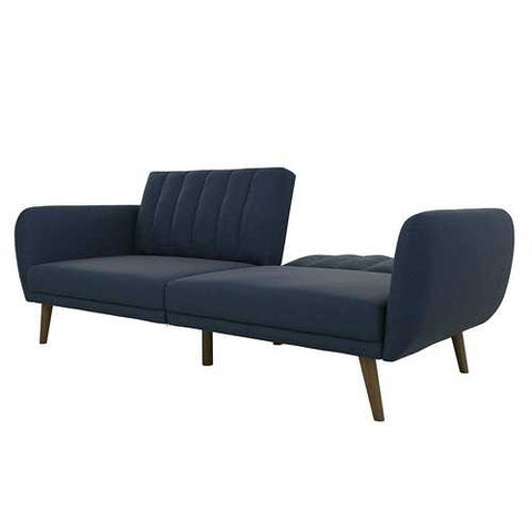 Image of Modern Navy Blue Linen Upholstered Sofa Bed Futon with Mid-Century Style Wood Legs