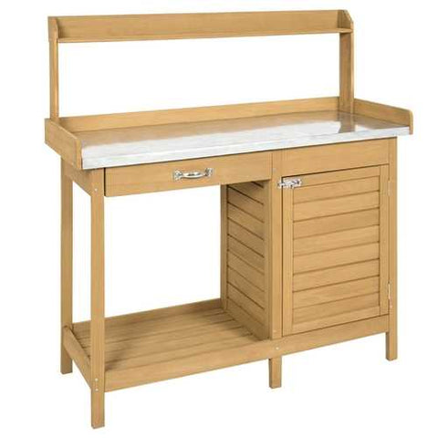 Image of Natural Fir Wood Potting Bench Garden Work Table with Metal Top