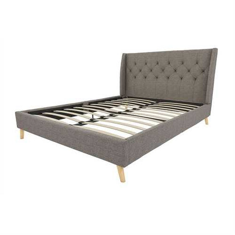 Image of Full size Grey Linen Upholstered Platform Bed with Wingback Headboard