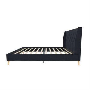 Queen Navy Blue Linen Upholstered Mid-Century Platform Bed with Wingback Headboard