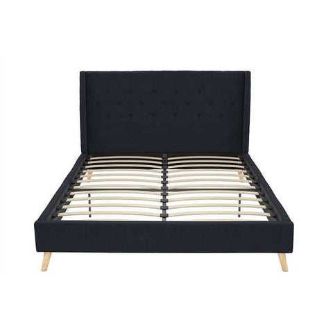 Image of Queen Navy Blue Linen Upholstered Mid-Century Platform Bed with Wingback Headboard