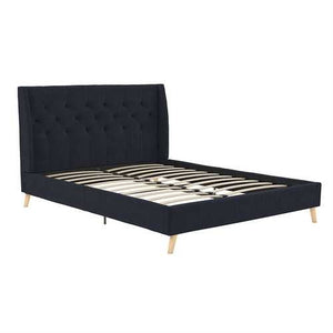 Queen Navy Blue Linen Upholstered Mid-Century Platform Bed with Wingback Headboard