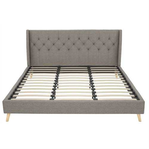 Image of King Grey Linen Upholstered Wing-Back Platform Bed Mid-Century Style