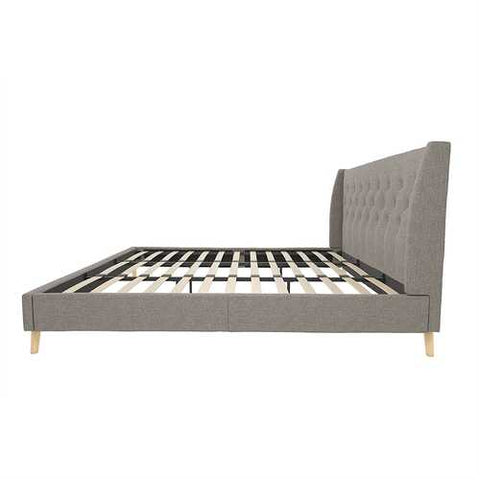 Image of King Grey Linen Upholstered Wing-Back Platform Bed Mid-Century Style