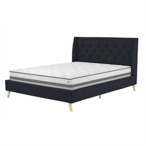 Full size Navy Blue Linen Upholstered Mid-Century Modern Wingback Platform Bed