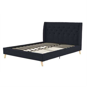 Full size Navy Blue Linen Upholstered Mid-Century Modern Wingback Platform Bed