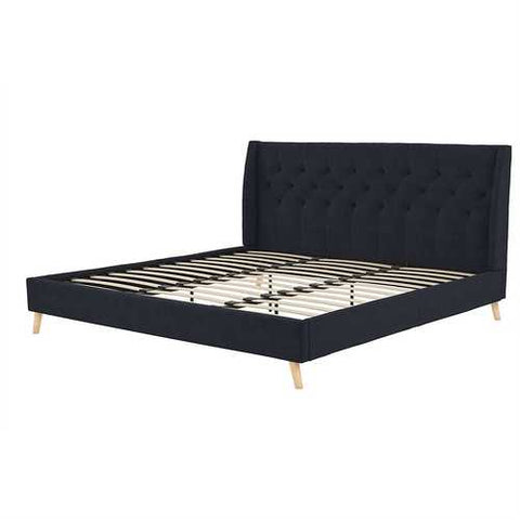 Image of King Mid-Century Style Navy Blue Linen Upholstered Wingback Platform Bed