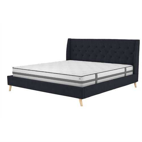 Image of King Mid-Century Style Navy Blue Linen Upholstered Wingback Platform Bed