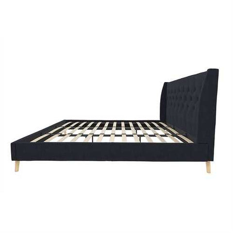 Image of King Mid-Century Style Navy Blue Linen Upholstered Wingback Platform Bed