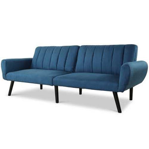 Modern Mid-Century Navy Blue Linen Futon Sofa Bed Couch