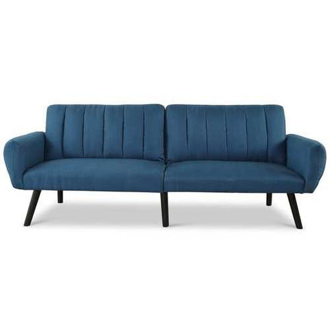 Image of Modern Mid-Century Navy Blue Linen Futon Sofa Bed Couch