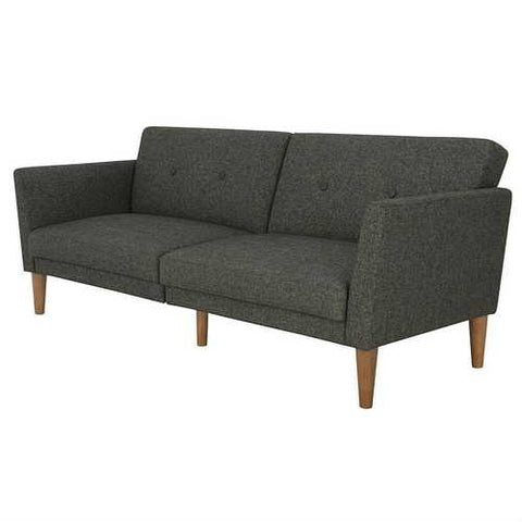 Image of Mid-Century Style Grey Linen Upholstered Futon Sofa Bed with Wooden Legs