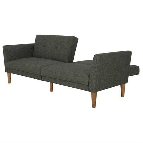 Image of Mid-Century Style Grey Linen Upholstered Futon Sofa Bed with Wooden Legs