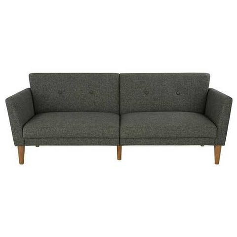 Image of Mid-Century Style Grey Linen Upholstered Futon Sofa Bed with Wooden Legs