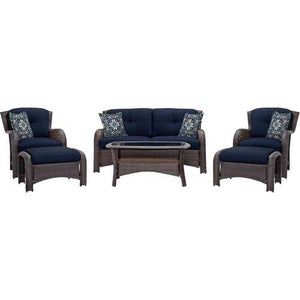 Outdoor 6-Piece Resin Wicker Patio Furniture Lounge Set with Navy Blue Seat Cushions