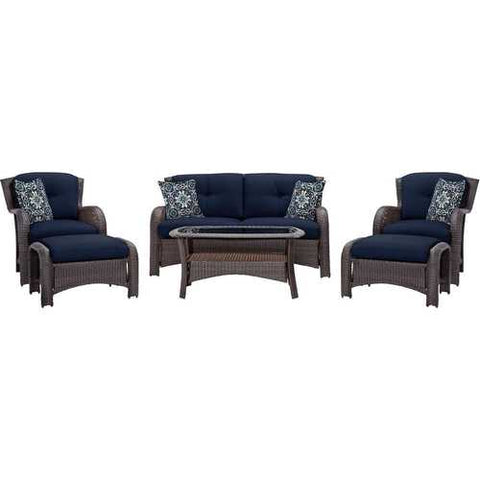 Image of Outdoor 6-Piece Resin Wicker Patio Furniture Lounge Set with Navy Blue Seat Cushions