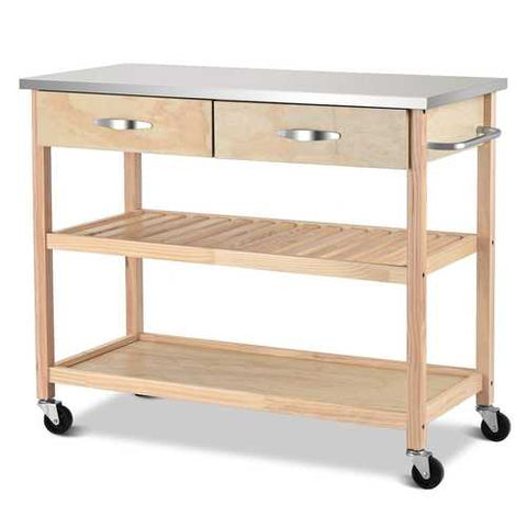 Image of Natural Wood Modern Kitchen Island Cart with Stainless Steel Top