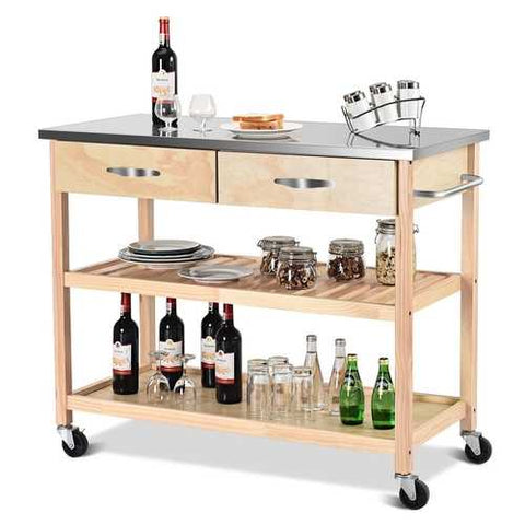 Image of Natural Wood Modern Kitchen Island Cart with Stainless Steel Top