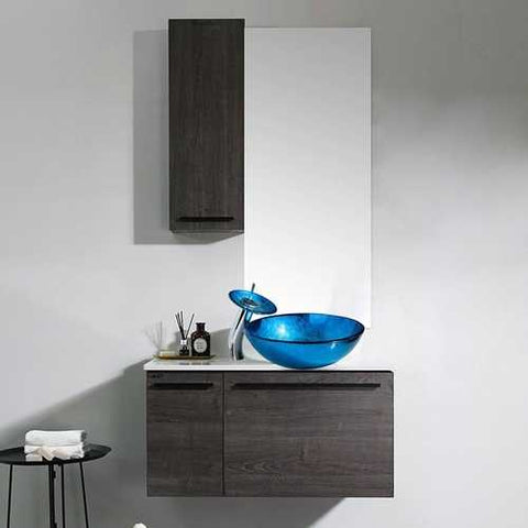 Image of Modern Blue Glass Bathroom Vessel Sink and Faucet with Chrome Drain