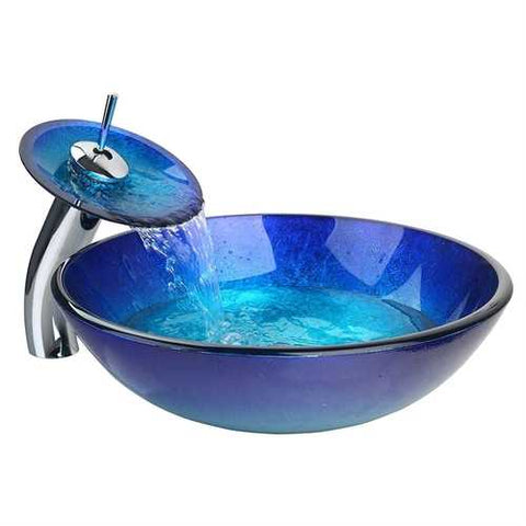 Image of Modern Blue Glass Bathroom Vessel Sink and Faucet with Chrome Drain