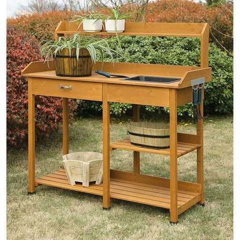 Image of Outdoor Garden Wood Potting Bench Work Table with Sink in Light Oak Finish