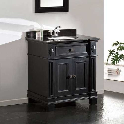 Image of Single Sink Bathroom Vanity with Cabinet & Black Granite Countertop / Backsplash