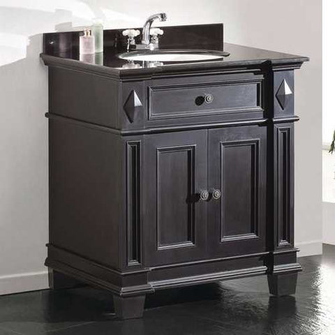 Image of Single Sink Bathroom Vanity with Cabinet & Black Granite Countertop / Backsplash