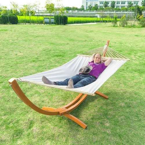 Image of White Cotton Polyester Hammock with 10.5 Ft Crescent Wood Stand