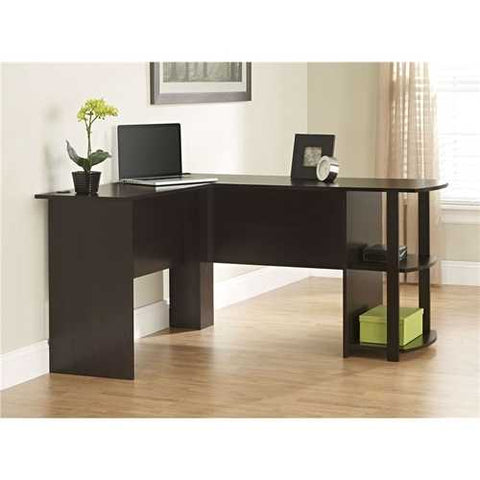 Image of L-Shaped Corner Computer Office Desk in Dark Brown Espresso Finish