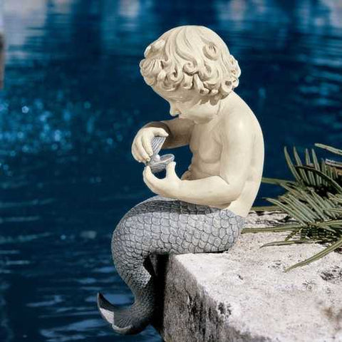 Image of Young Little Sitting Mermaid Garden Statue with Oyster and Pearl