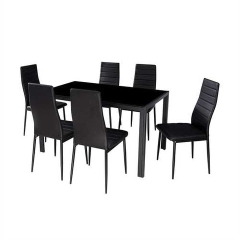 Image of Modern 7-Piece Dining Set with Glass Top Table and 6 Chairs in Black