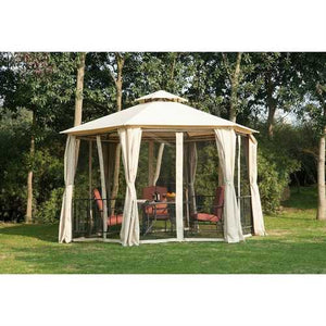 Outdoor Patio Hexagon Gazebo with Beige Canopy and Mesh Curtains