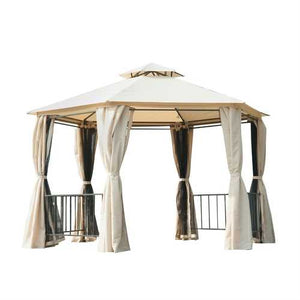 Outdoor Patio Hexagon Gazebo with Beige Canopy and Mesh Curtains