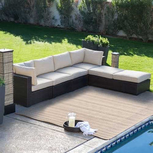 Outdoor Wicker Resin 6-Piece Sectional Sofa Patio Furniture Conversation Set with Tan Stripe Cushions