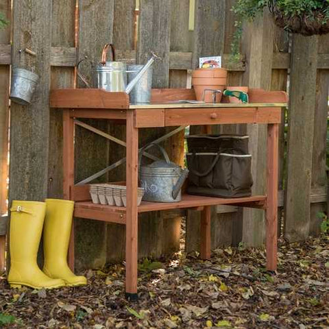 Image of Durable Weather Resistant Wood Potting Bench Garden Table with Metal Top