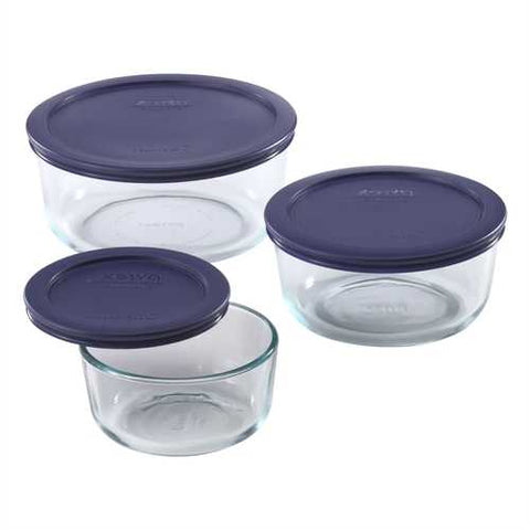 Image of 6-Piece Round Glass Food Storage Set with Blue Lids - Made in USA