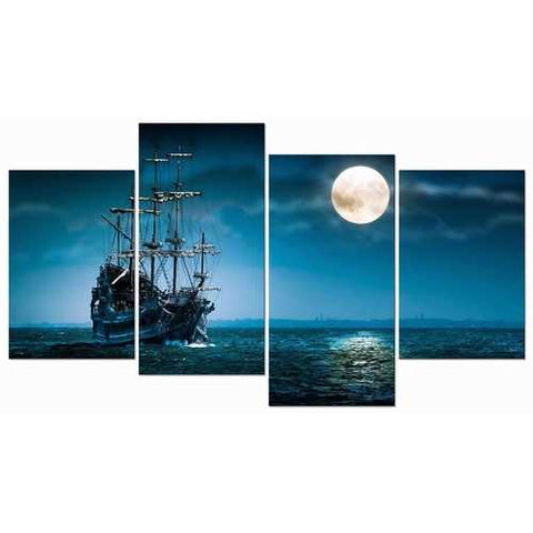 Image of Full Moon Ocean Ship 4-Panel Seascape Framed Canvas Wall Art