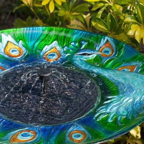 Image of Outdoor Garden Solar Fountain Bird Bath with Peacock Glass Basin and Steel Stand